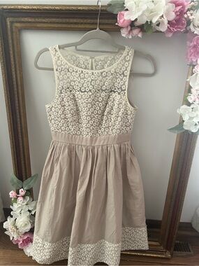 S.L. Fashions Cream Lace Bodice Tan A-Line Flower Trim Dress